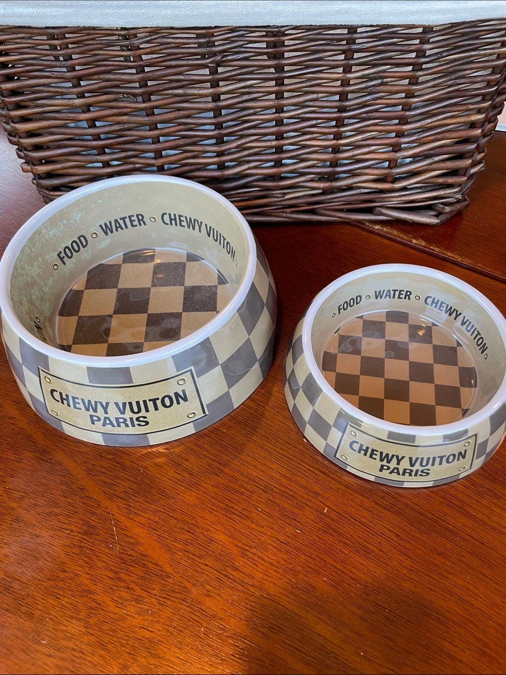 Chewy Vuiton dog bowls
